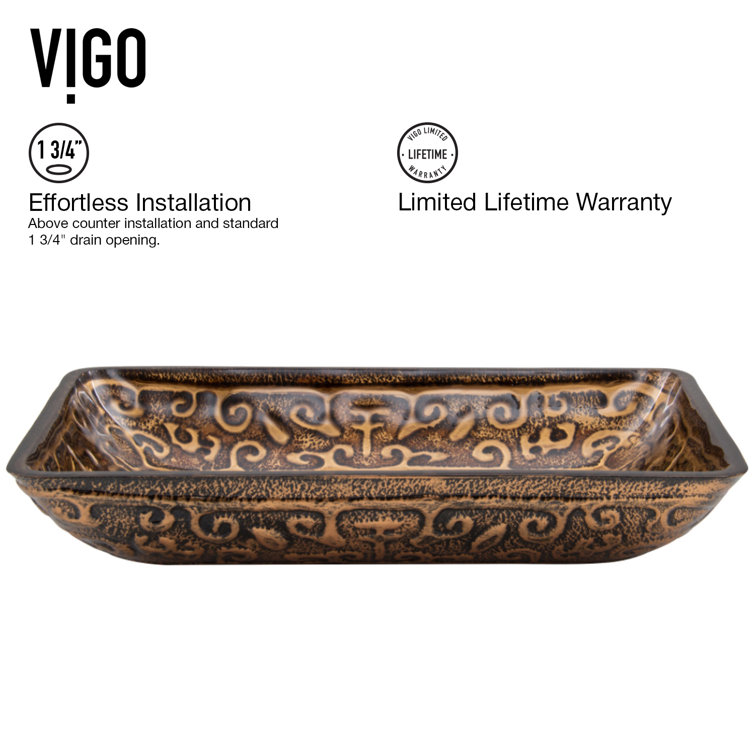 Golden Greek Rectangular Glass Vessel Sink in Gold and Brown