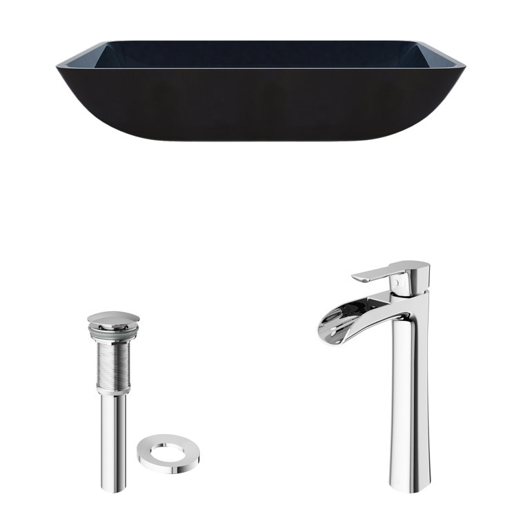 Turquoise Blue Glass Vessel Bathroom Sink with Chrome Faucet