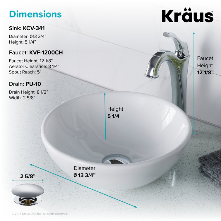 Elavo 14-inch White Ceramic Round Vessel Sink with Chrome Faucet