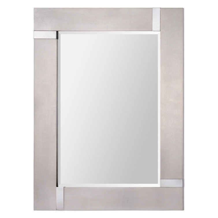 Rectangular Silver Wood Wall Mirror with Chrome Accents