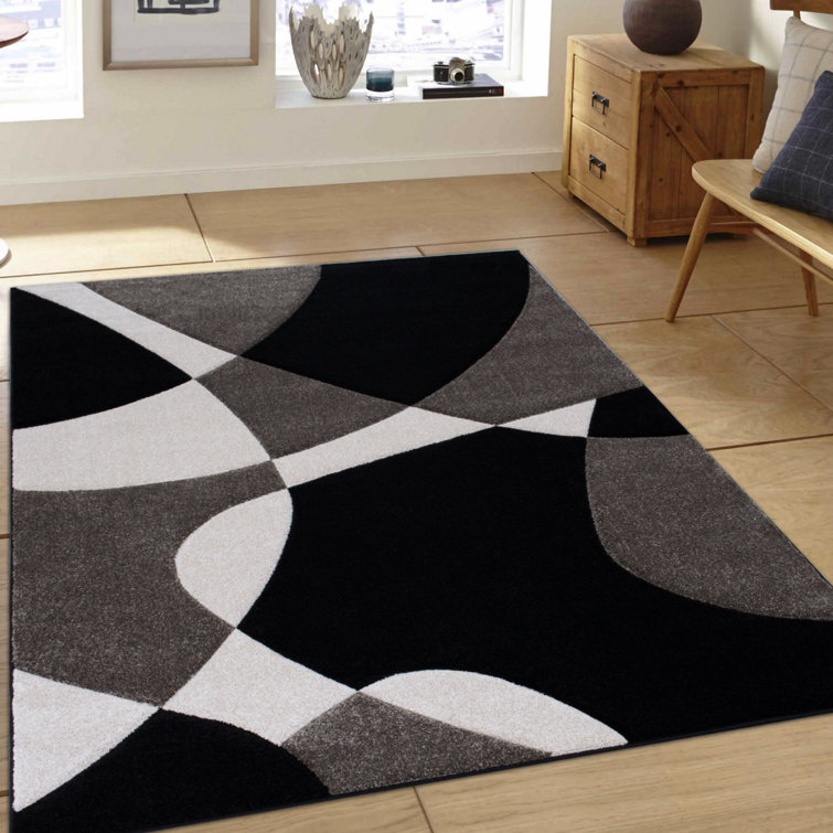 Black and Gray Abstract Stain-Resistant Synthetic Rug