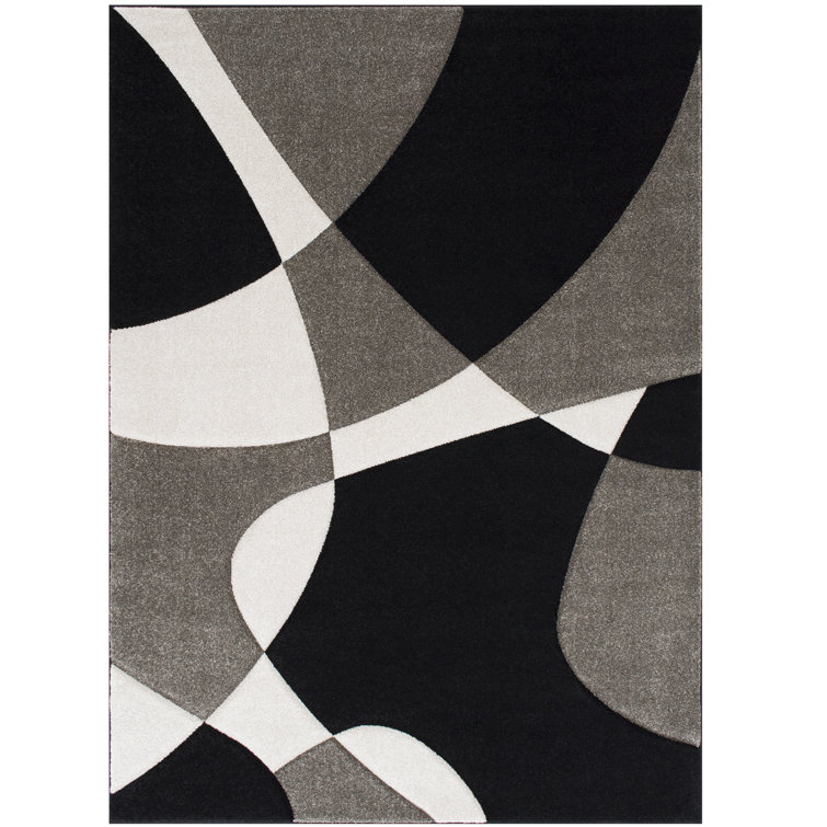 Black and Gray Abstract Stain-Resistant Synthetic Rug