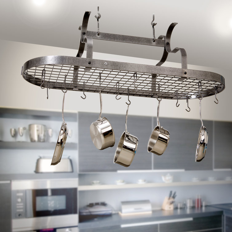Hammered Steel Oval Ceiling Pot Rack with Hooks