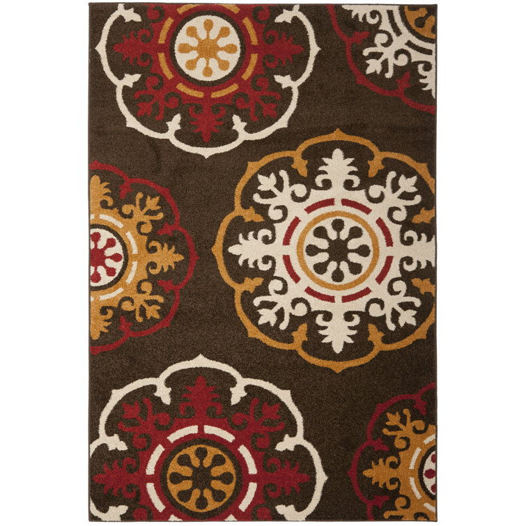 Brown and Red Floral Synthetic Rectangular Rug, 5'1" x 7'6"
