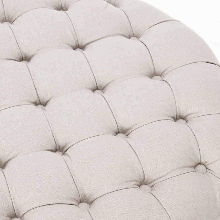 Transitional Tufted Beige Linen Round Ottoman with Casters