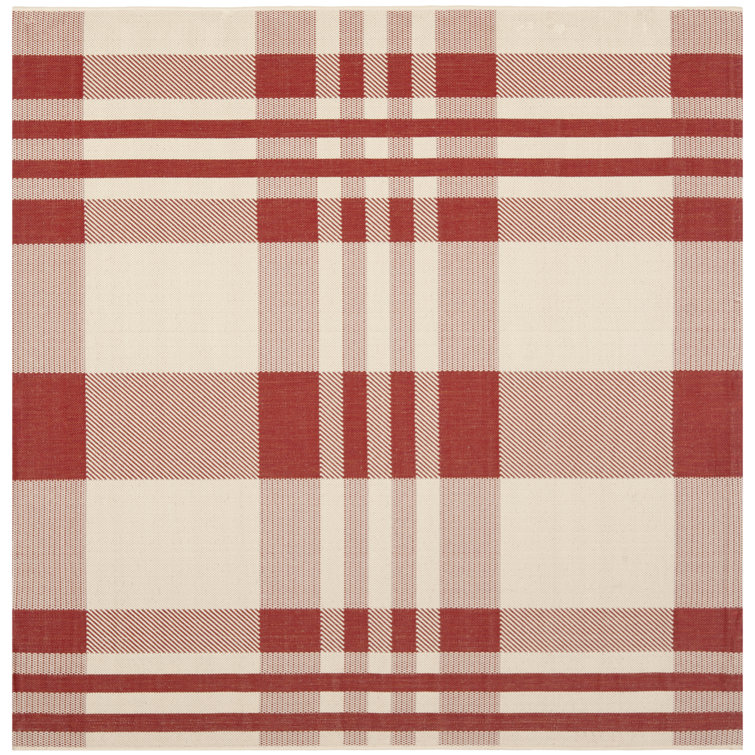 Red and Bone Plaid Synthetic Square Indoor/Outdoor Rug