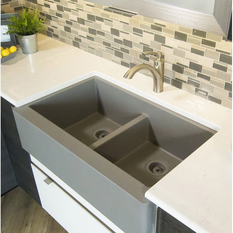 Concrete Quartz Composite Farmhouse Apron Front Double Bowl Kitchen Sink