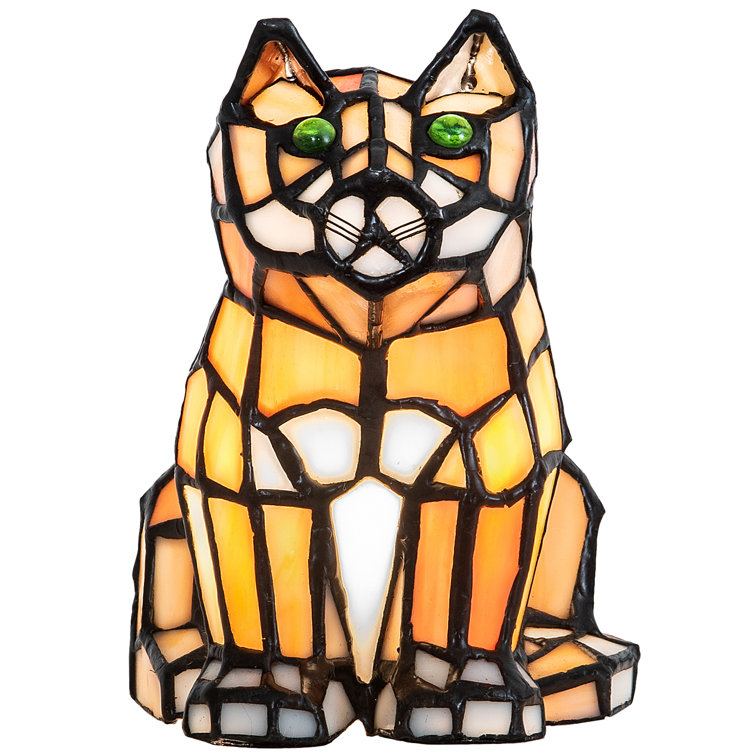 7" Charming White & Orange Stained Glass Cat Accent Lamp