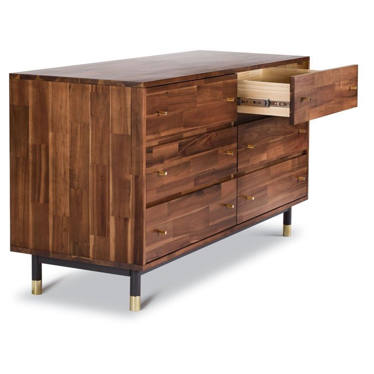 Dakota Mid-Century Solid Acacia Wood 6-Drawer Dresser with Gold Accents