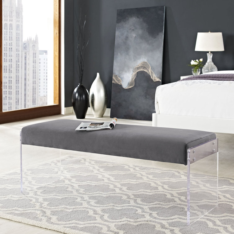 Gray Velvet Bench with Clear Acrylic Legs