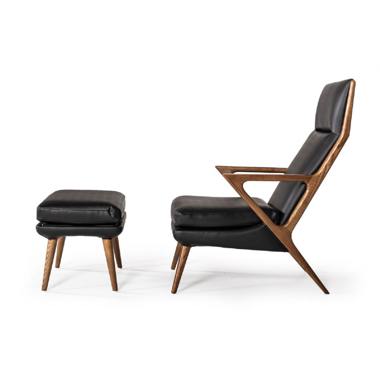 Black Faux Leather Lounge Chair with Ottoman and Ash Wood Frame