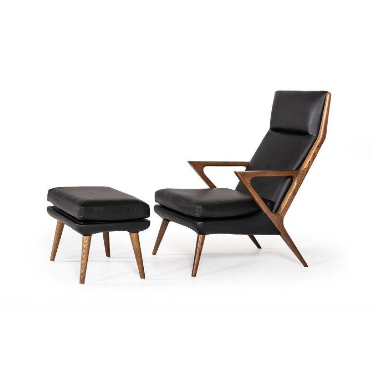 Black Faux Leather Lounge Chair with Ottoman and Ash Wood Frame