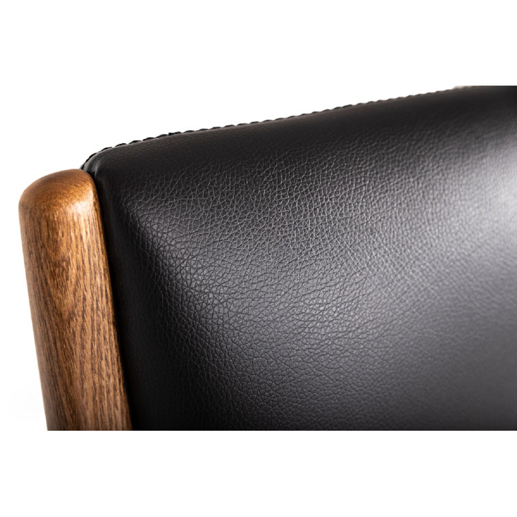 Black Faux Leather Lounge Chair with Ottoman and Ash Wood Frame