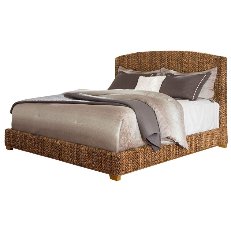 Rustic Cocoa Brown Woven Banana Leaf King Bed with Nailhead Trim