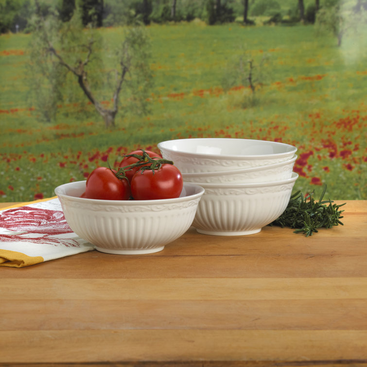 Italian Countryside White Ceramic Ridged Bowls, Set of Four