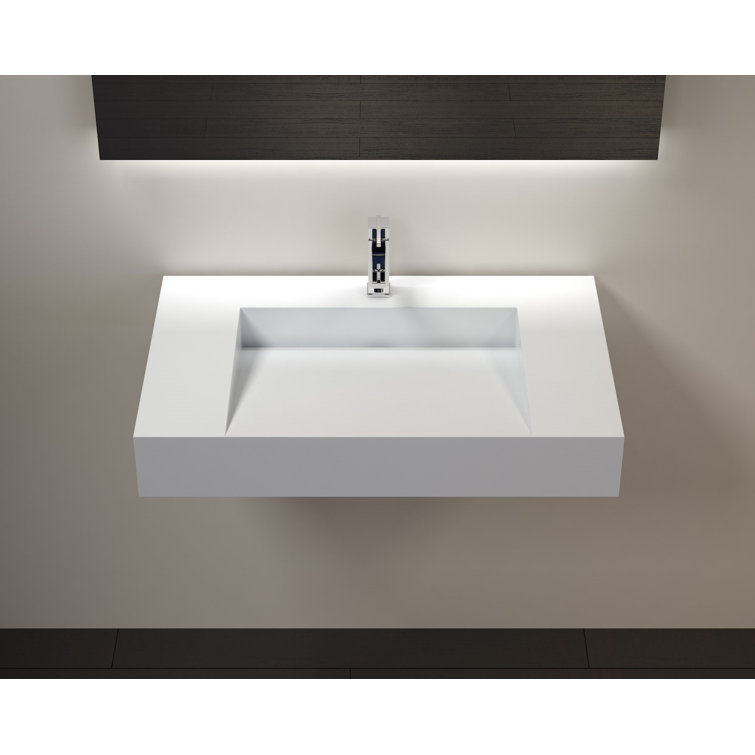 Gloss White Polymarble Rectangular Wall Mount Bathroom Sink