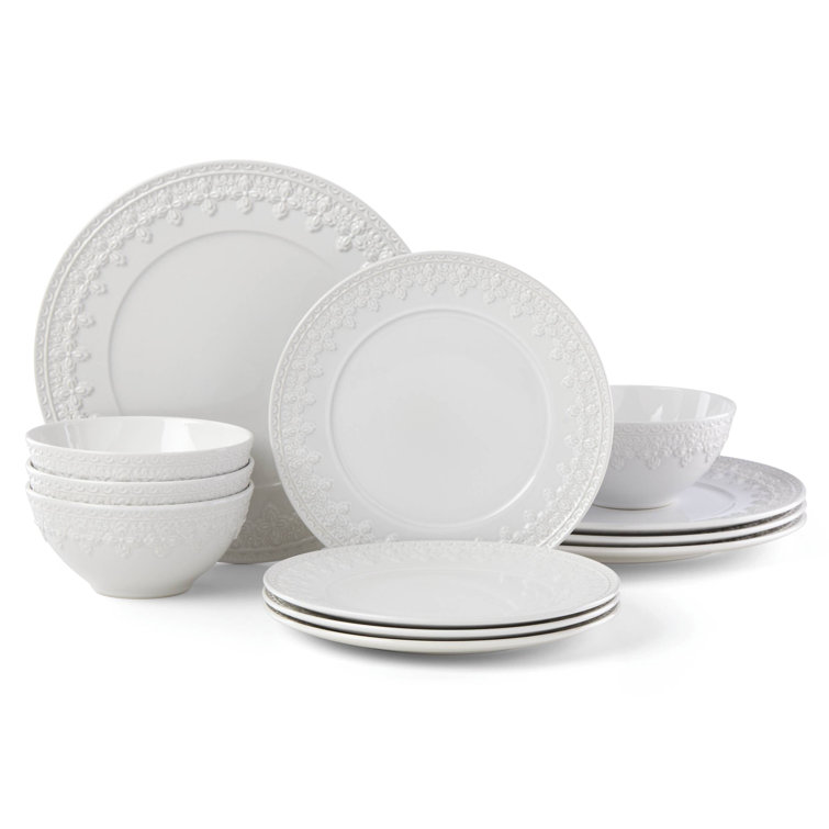 White Ceramic 12-Piece Dinnerware Set with Variegated Glaze