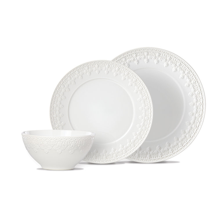 White Ceramic 12-Piece Dinnerware Set with Variegated Glaze