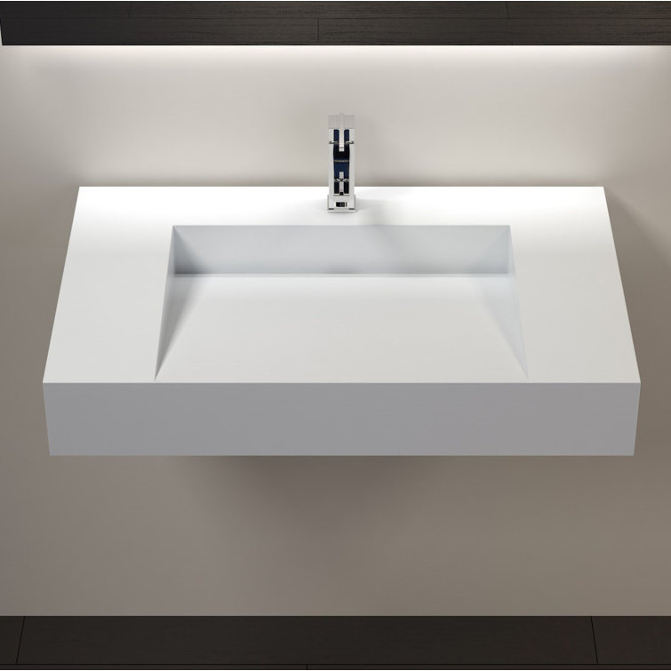 Gloss White Polymarble Rectangular Wall Mount Bathroom Sink
