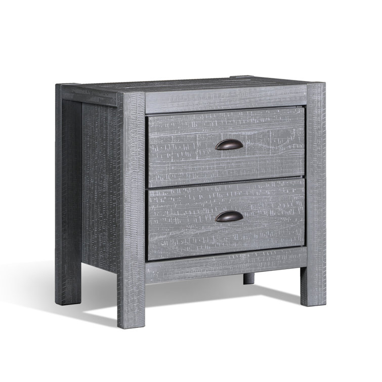 Rustic Grey Pine Wood 2-Drawer Nightstand with Black Metal Handles
