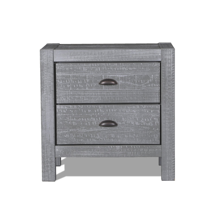 Rustic Grey Pine Wood 2-Drawer Nightstand with Black Metal Handles