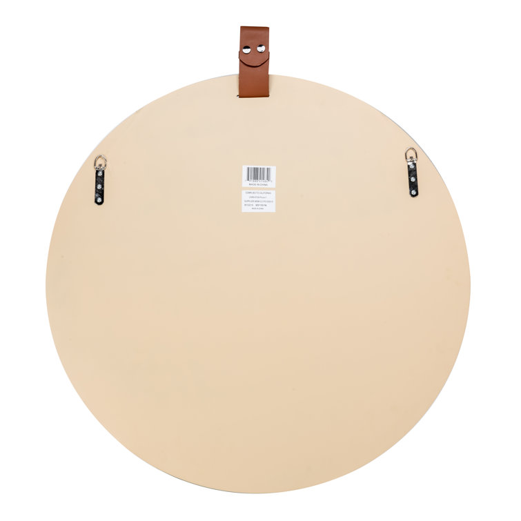 Heppner Round Frameless Blonde Wood Dresser Mirror with Leather Strap