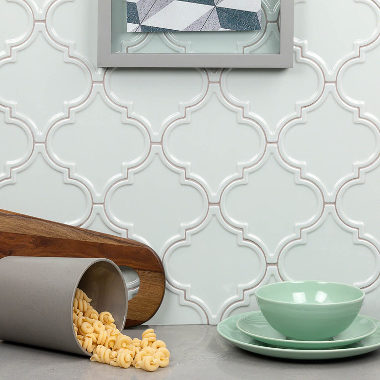 Labyrinth Light Blue Polished Ceramic Arabesque Wall Tile
