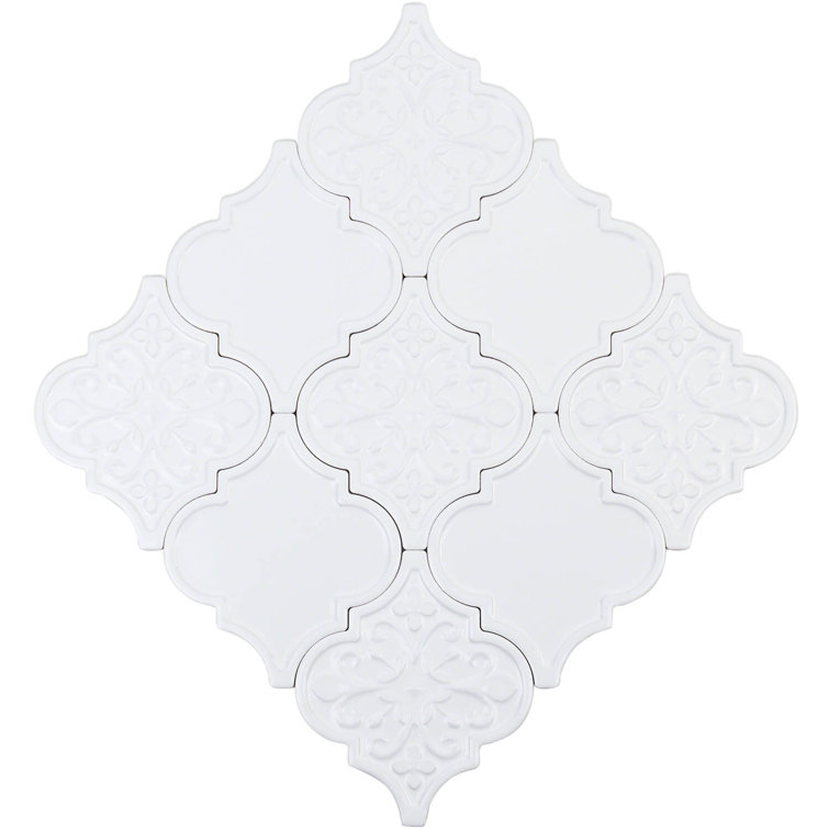 Labyrinth Pure White Polished Ceramic Arabesque Tile
