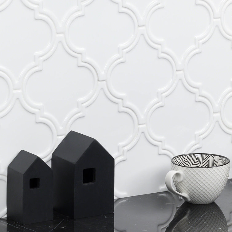 Labyrinth Pure White Polished Ceramic Arabesque Tile