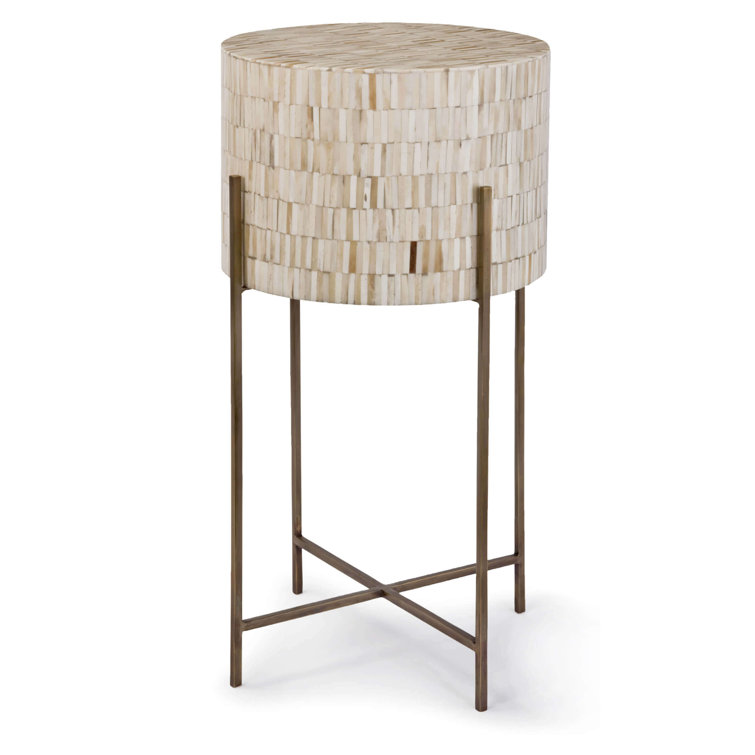 Elegant Round Bone Inlay and Metal Drum Table, 14" x 25.25"