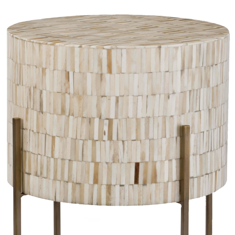 Elegant Round Bone Inlay and Metal Drum Table, 14" x 25.25"