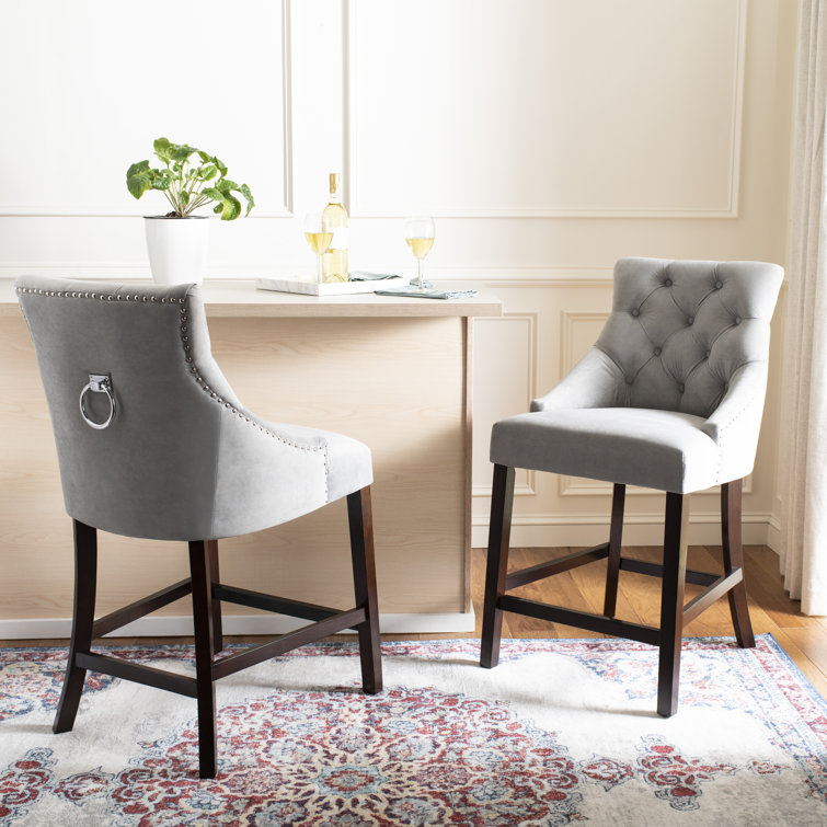 Eleni 26" Light Grey Tufted Wingback Counter Stool with Chrome Accents