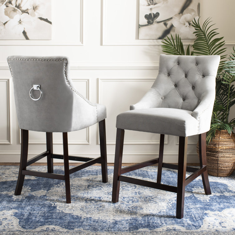 Eleni 26" Light Grey Tufted Wingback Counter Stool with Chrome Accents