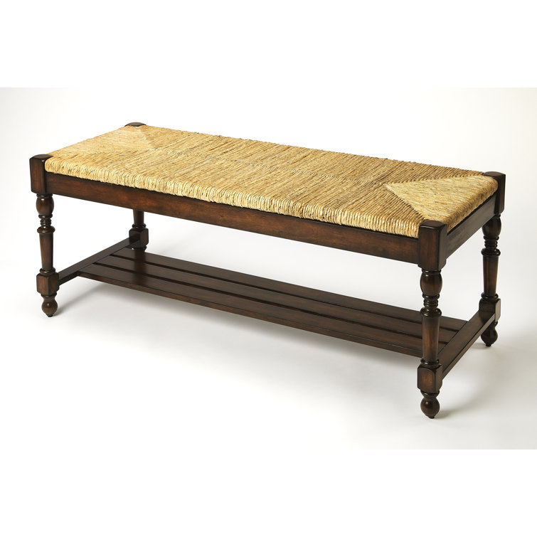 Mahogany Woven Seat Bench with Storage Shelf