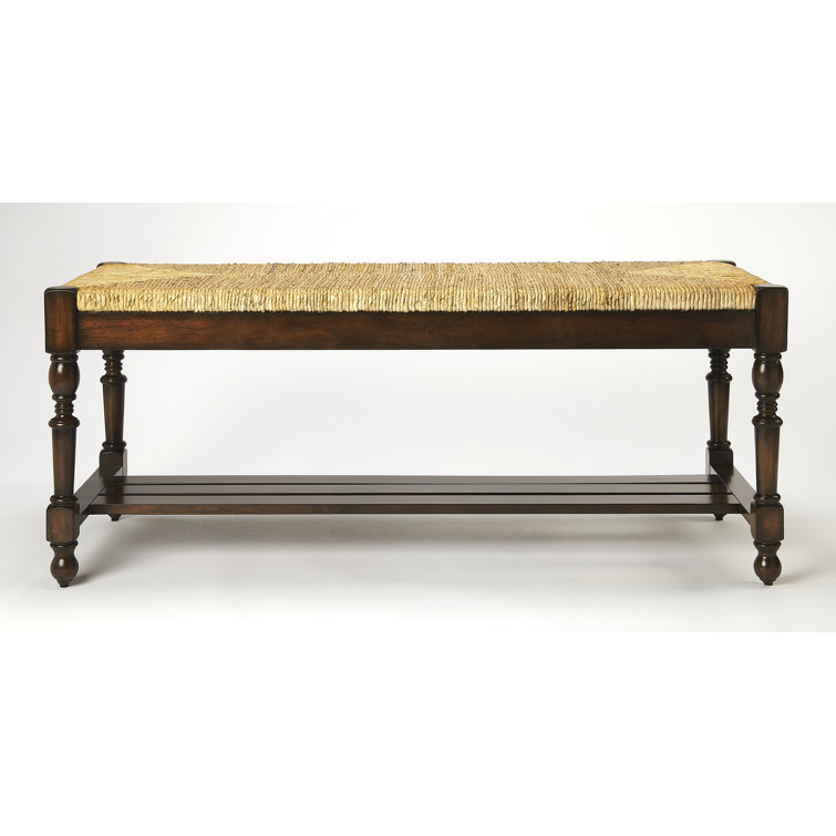 Mahogany Woven Seat Bench with Storage Shelf
