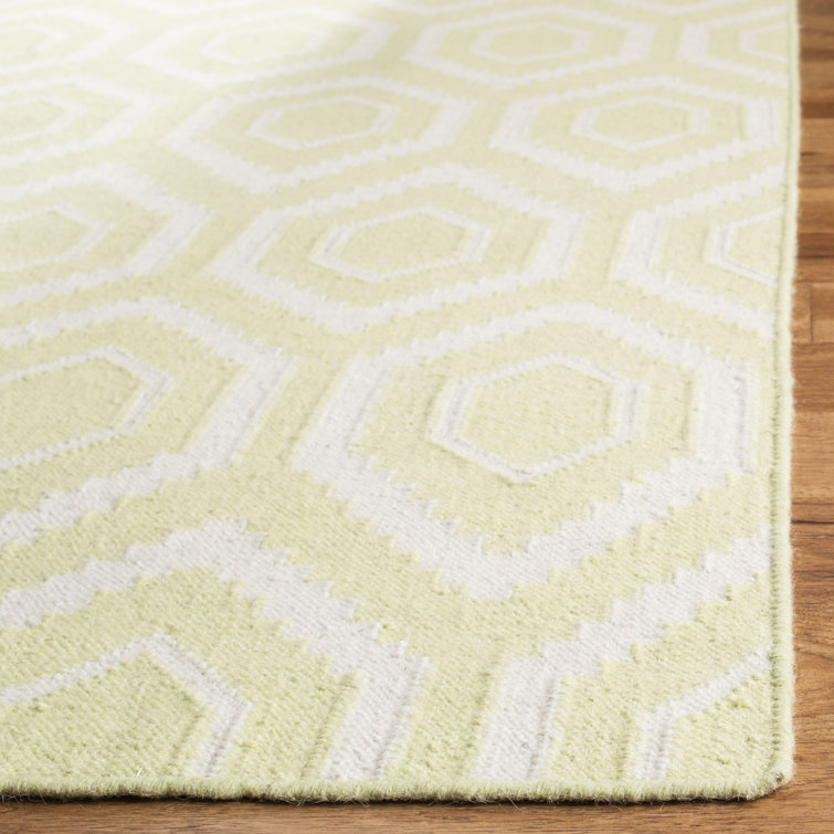 Ivory and Green Geometric Wool Square Rug, 6' x 6'