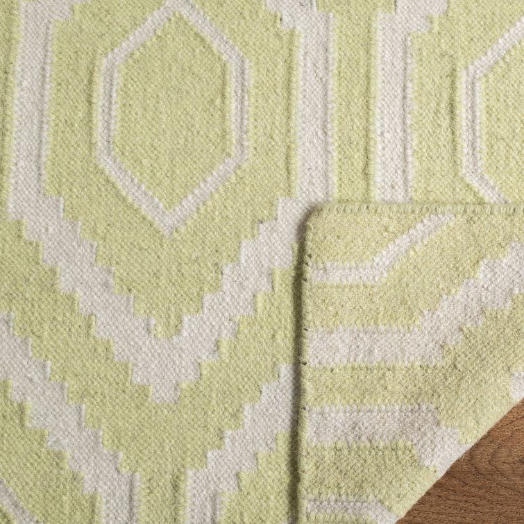 Ivory and Green Geometric Wool Square Rug, 6' x 6'