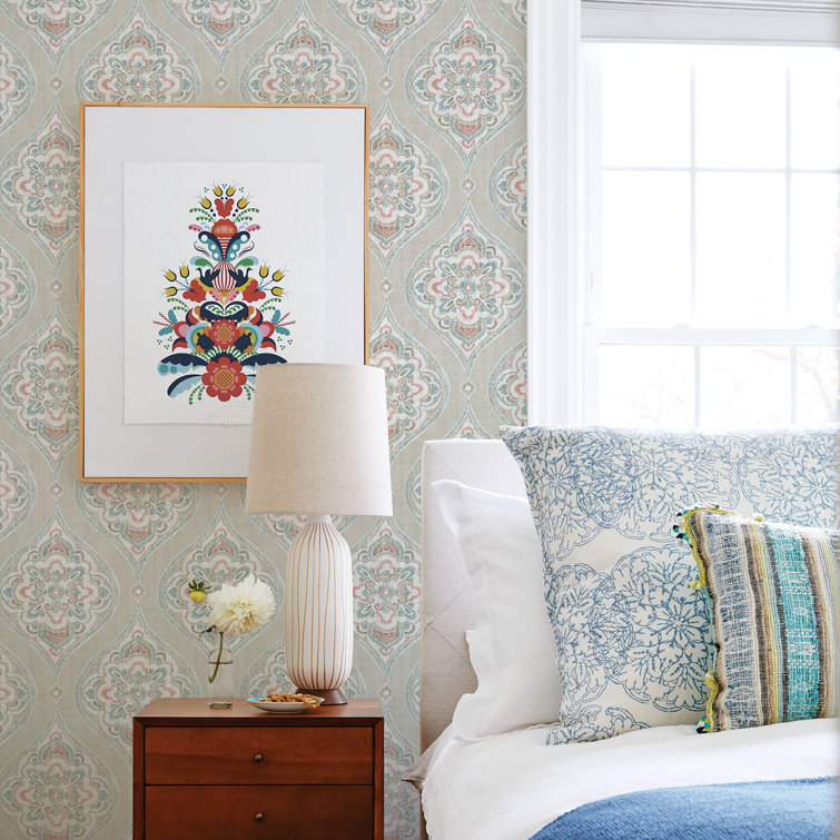 Adele Teal and Coral Damask Non-Woven Wallpaper Roll