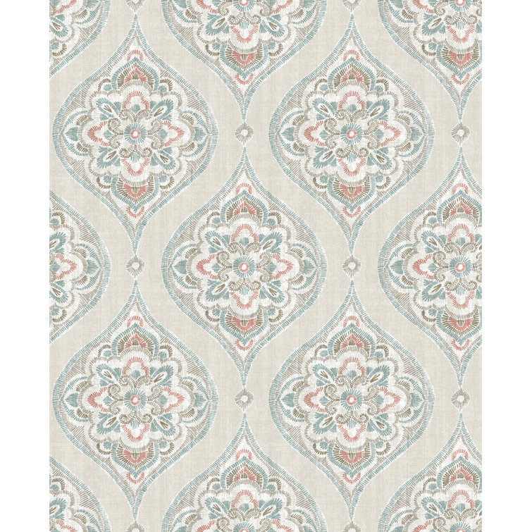 Adele Teal and Coral Damask Non-Woven Wallpaper Roll