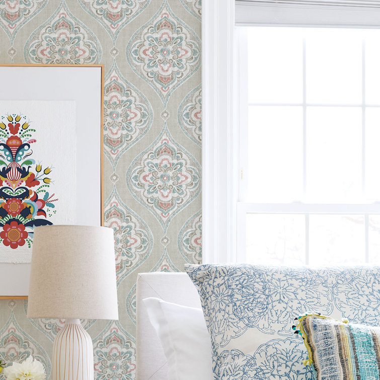 Adele Teal and Coral Damask Non-Woven Wallpaper Roll