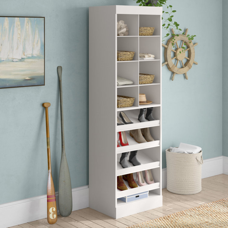 Modern White 25" Cubby Storage Tower with Slanted Shelves