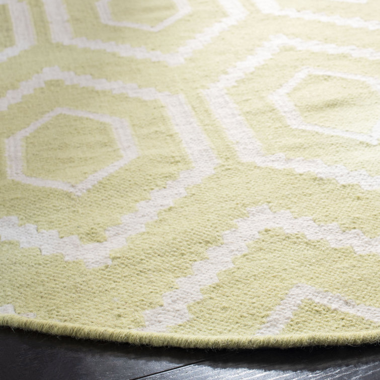 Ivory and Green Geometric Wool Square Rug, 6' x 6'