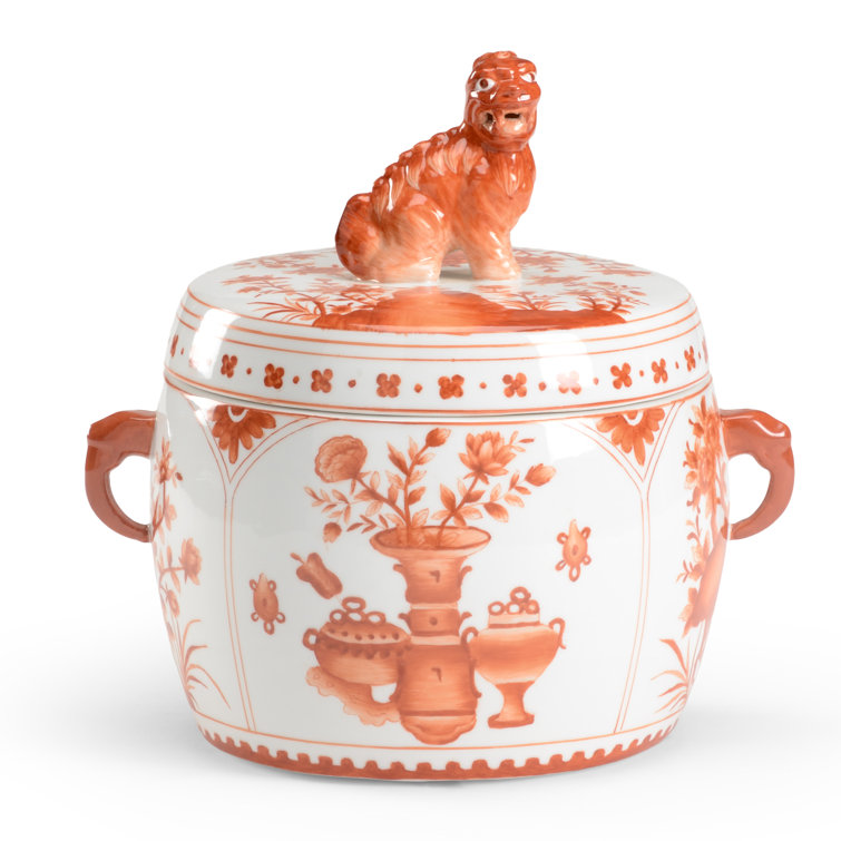 Handcrafted Pumpkin Porcelain Jar with Lion Lid