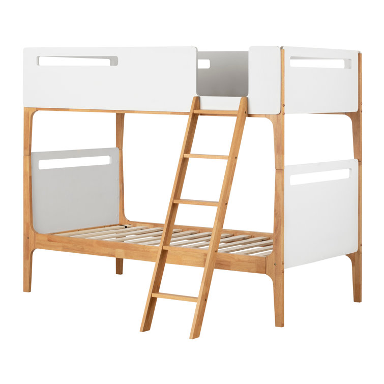 Twin White and Natural Wood Bunk Bed with Guardrails