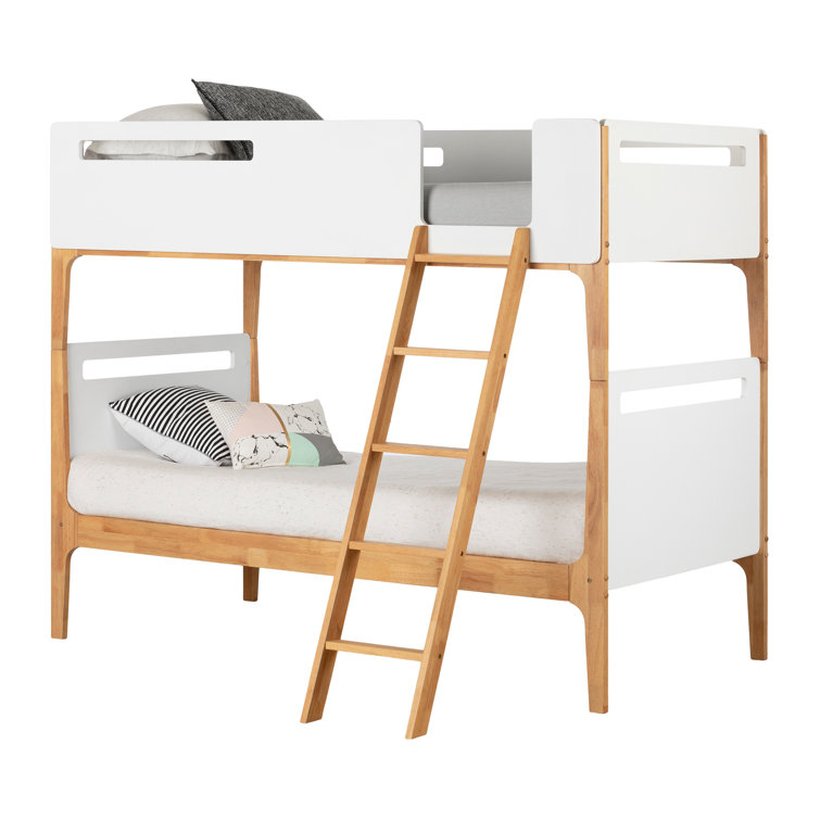 Twin White and Natural Wood Bunk Bed with Guardrails