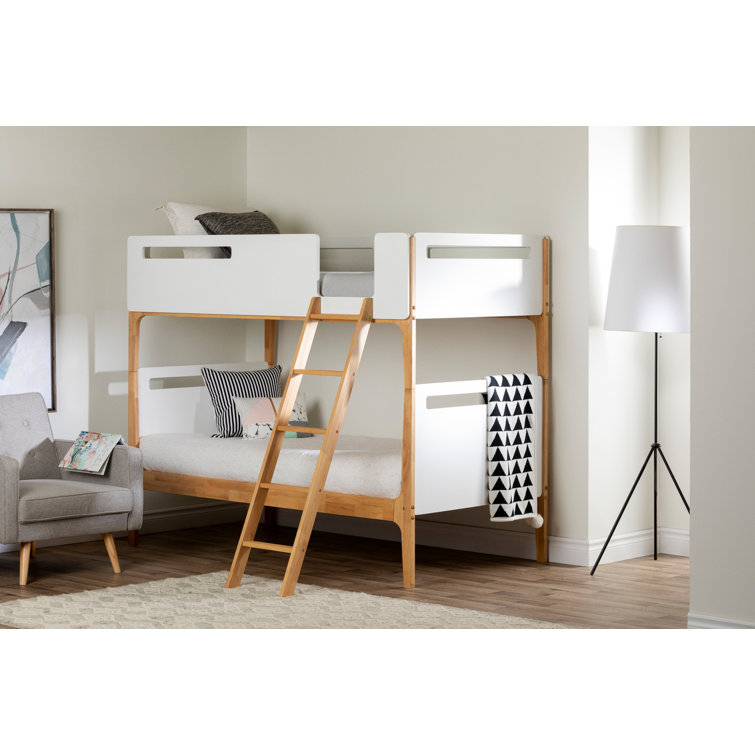 Twin White and Natural Wood Bunk Bed with Guardrails