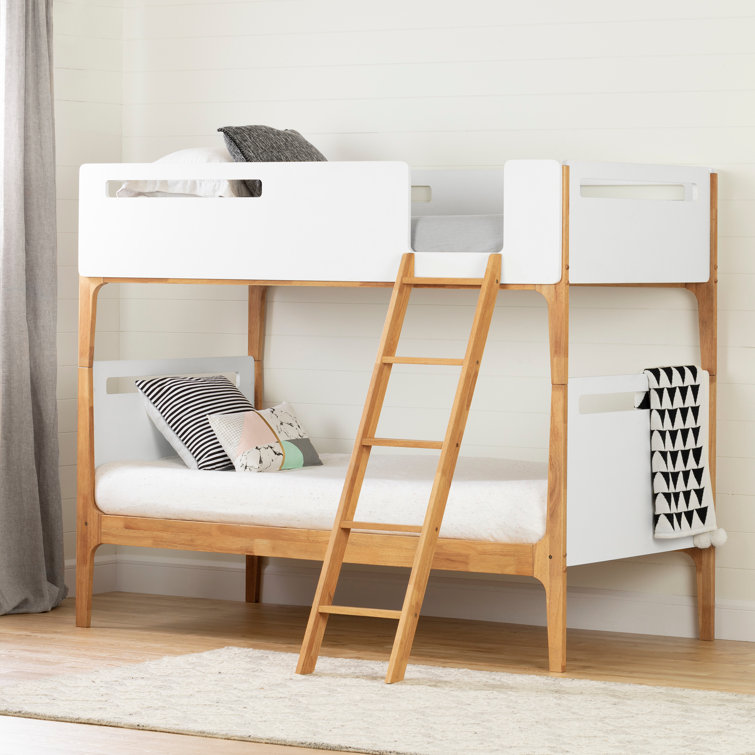 Twin White and Natural Wood Bunk Bed with Guardrails