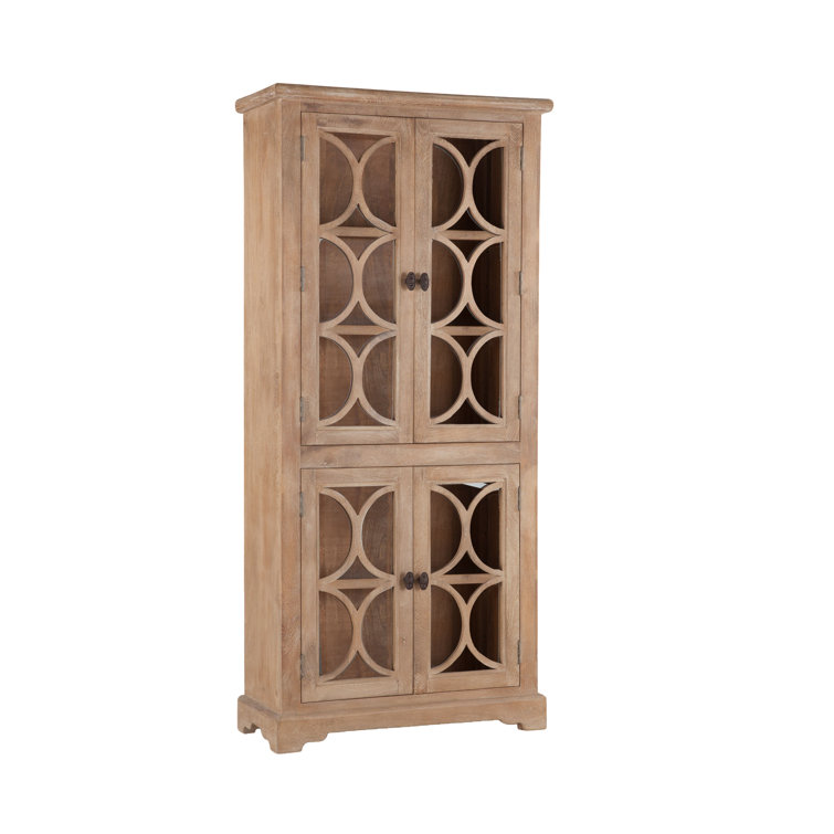 Tall Light Brown Mango Wood China Cabinet with Glass Doors
