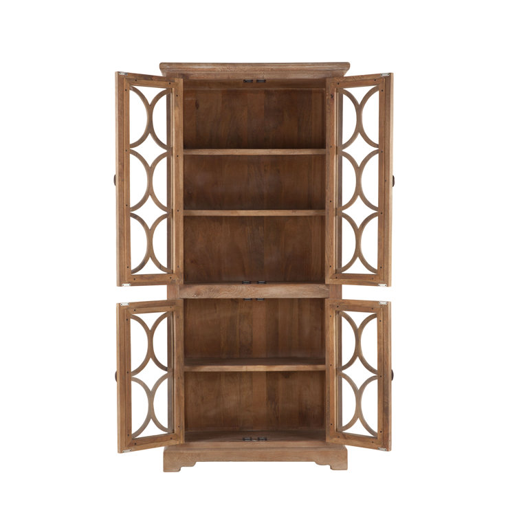 Tall Light Brown Mango Wood China Cabinet with Glass Doors