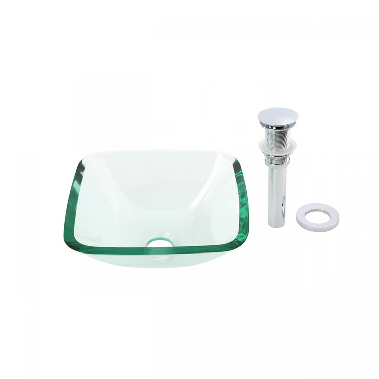 Clear Tempered Glass Square Vessel Sink with Drain